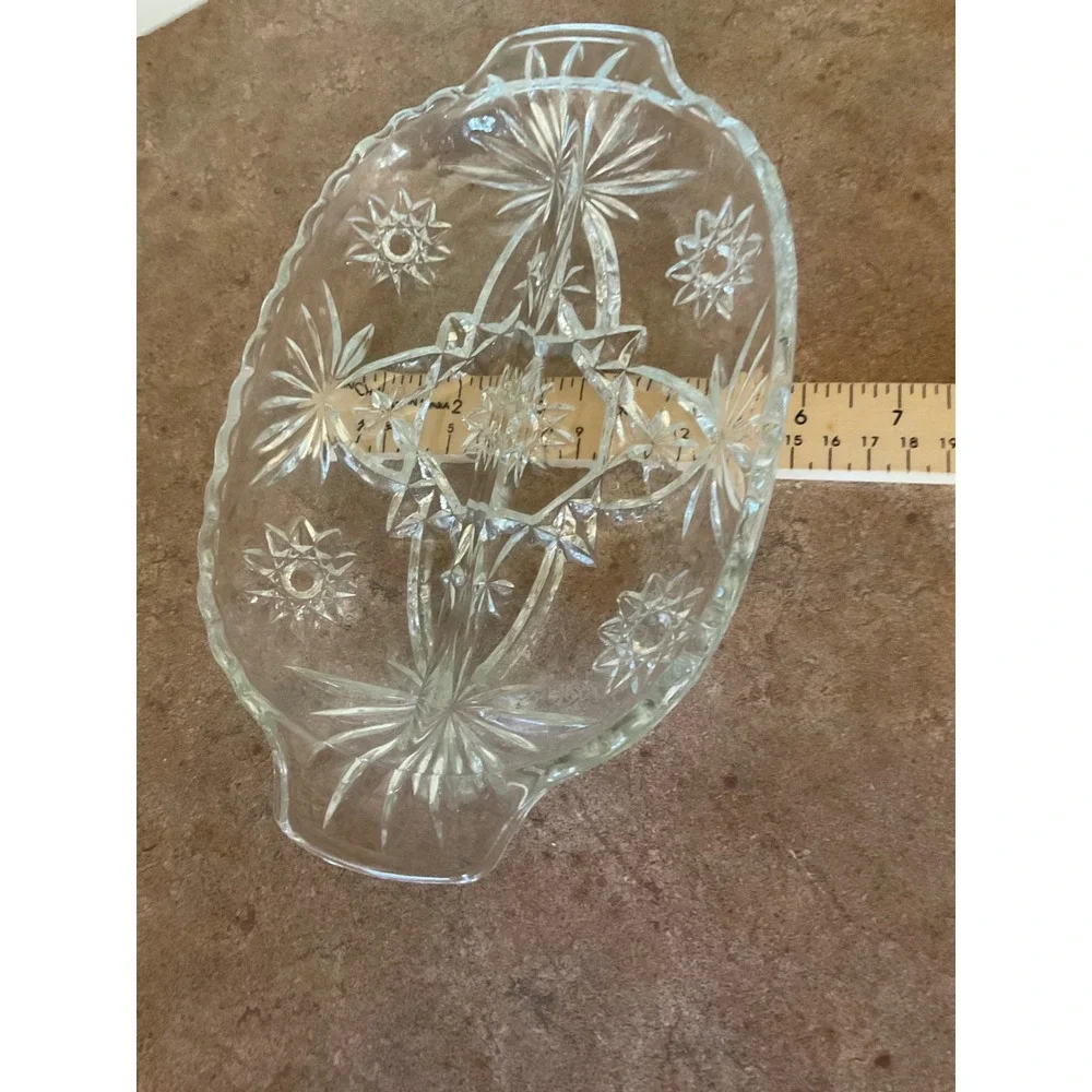 Vintage Clear Pressed Glass Divided Relish Dish Starburst Oval Serving Tray 9.5